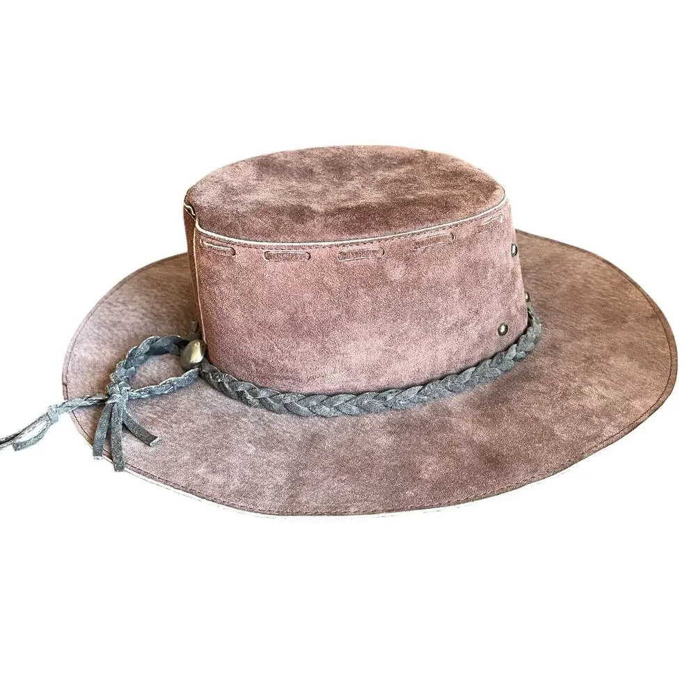 Leather Cowboy Hat Unisex Size M Men Women Vintage Brown Suede Retro Western